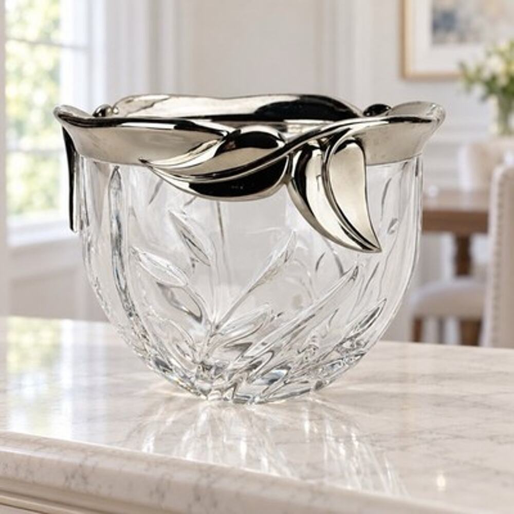 Lenox Tranquil Garden Crystal Bowl Planter Silver Metal Floral Rim 6 Inch